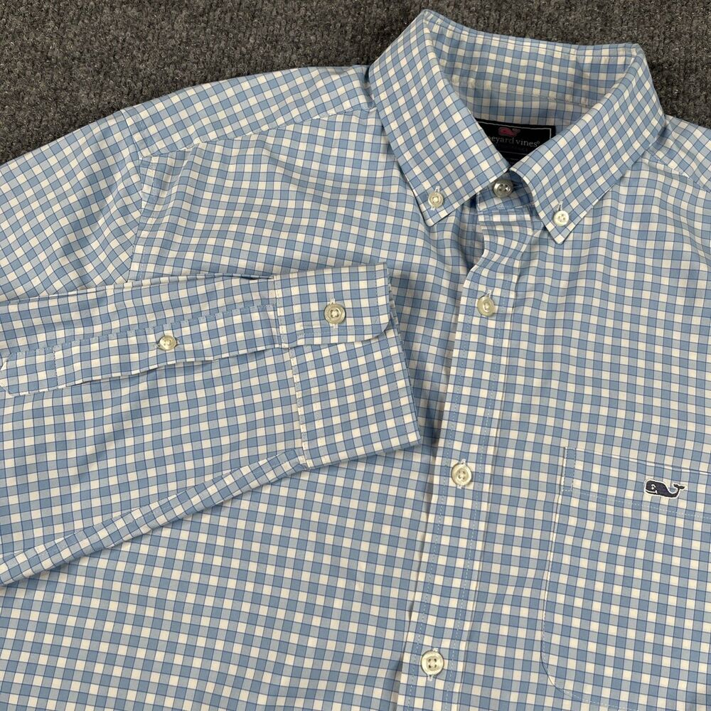 Vineyard Vines Tucker Performance Shirt Mens M Blue Check Classic Fit Whale